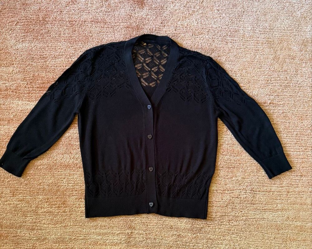 Black Lace Openwork Knit Cardigan 3/4 Sleeve Button Front Fitted Sweater